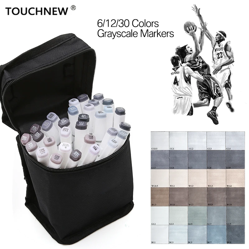 

TOUCHNEW 6/12/30 Colors Grey Marker Pen Set Grayscale Dual Head Art Markers Set for Sketching Shading Illustrating Drawing