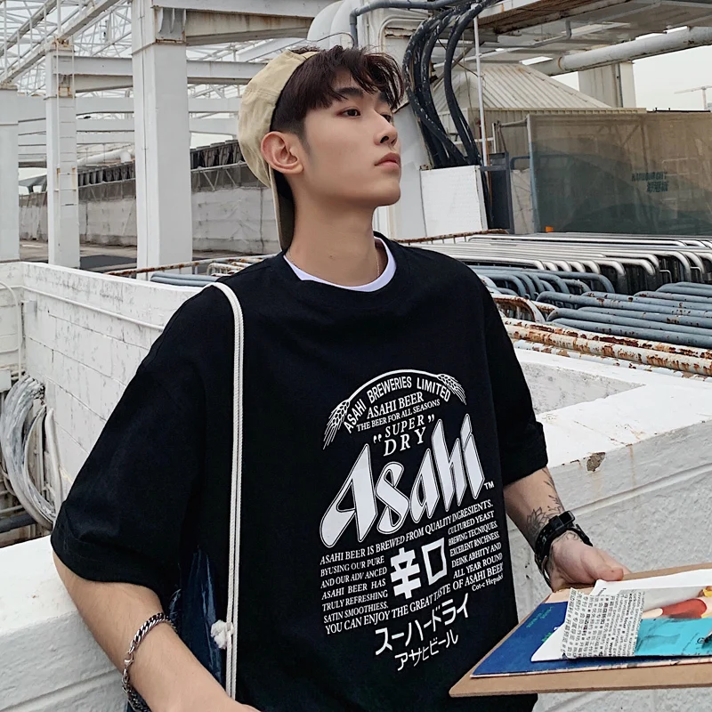 

Men's T-shirt 2019 summer new monogram printing loose cotton round neck five points sleeve casual personality youth men's wear