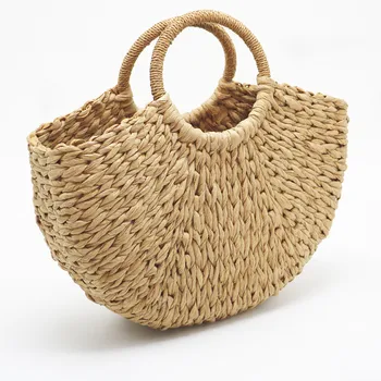 

Handmade Beach Bag Round Straw Totes Bag Large Bucket Summer Bags Women Natural Basket Handbag