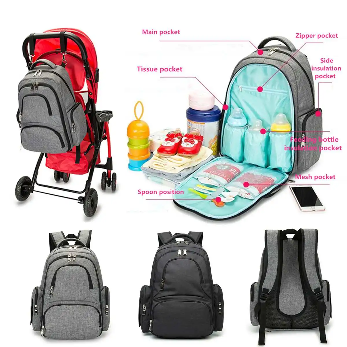 

Black Waterproof Multi-function Women Back Packs Mummy Maternity Diaper Bag Travel Backpack Nappy Baby Bag Stroller Hanging Bag