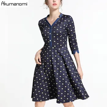 

2019 Spring Stats Print Dress Blue V-neck Three Quarter Sleeve Knee-Length Casual Ladies A-line Dresses Plus Size 5xL 4xl 3xl-m