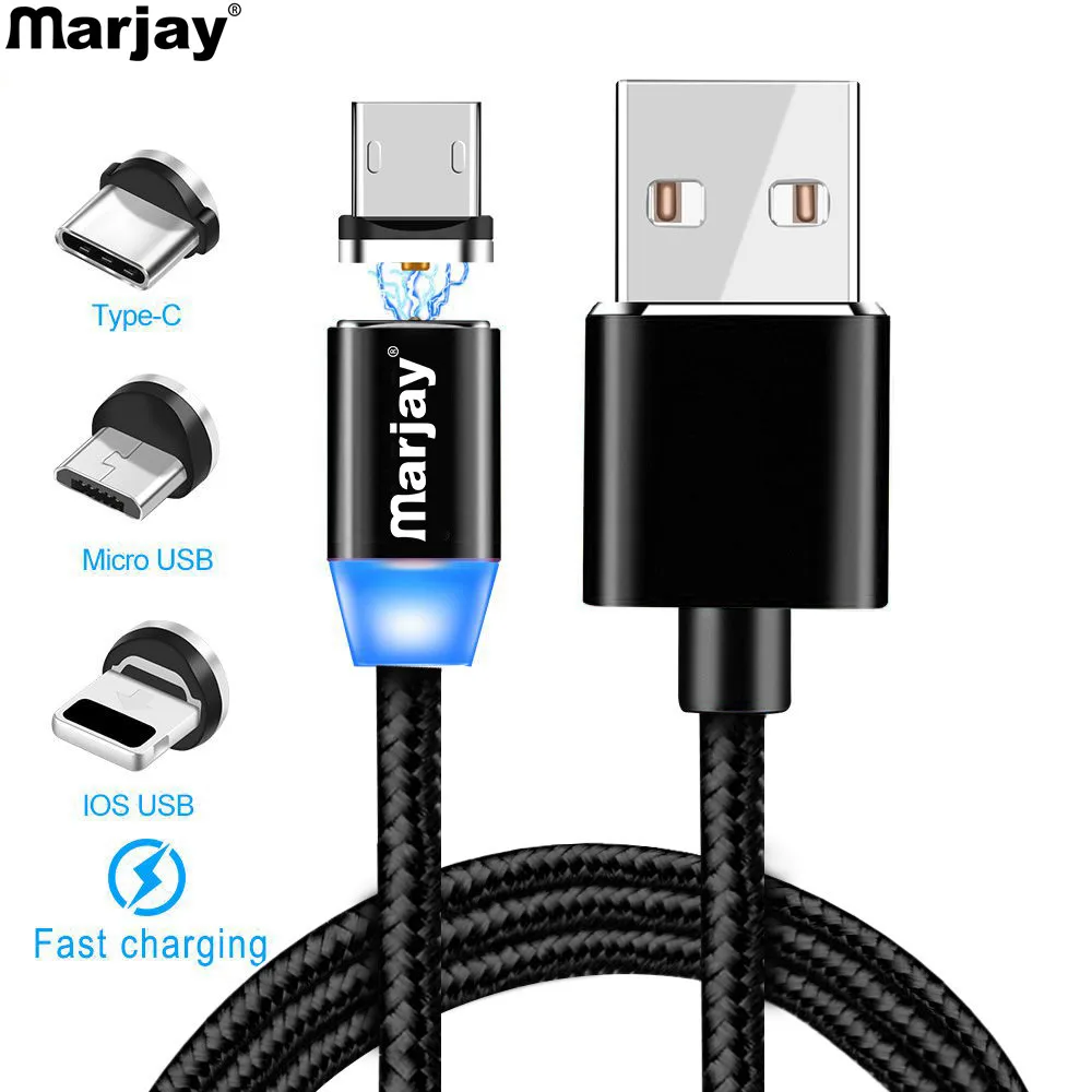 Магнитный зарядный кабель Marjay, 1 м, кабель Micro USB для iPhone XR XS Max X, магнитное зарядное устройство, usb type C, светодиодный кабель для зарядки