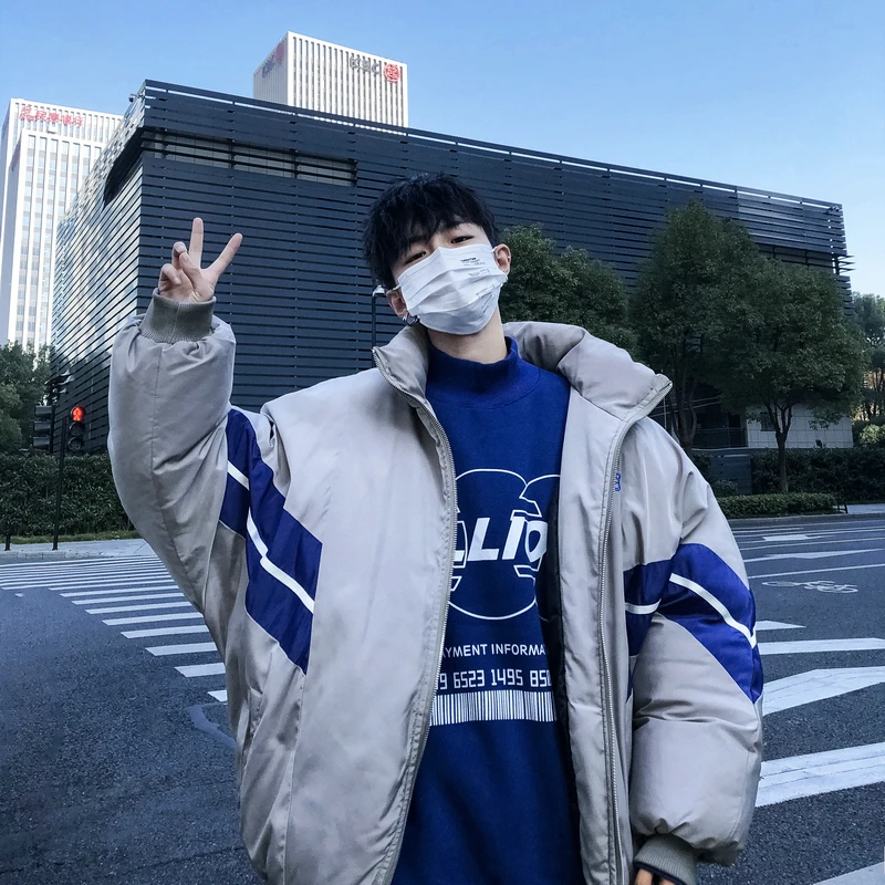 2018 Autumn And Winter New Pattern Trend Color Split Joint Letter Embroidered Stand Lead Clothes Loose Coat Male Fashion Hot