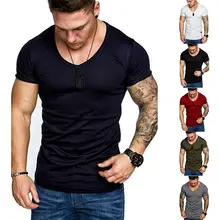 Стиль Модные для мужчин Slim Fit V средства ухода за кожей шеи Твердые короткий рукав мышцы футболка V образным вырезо