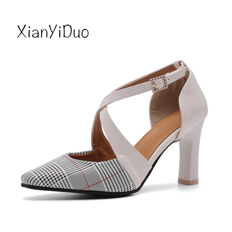 

Xianyiduo 2019 new summer Women's Shoes Sandals high heels Front & Rear Strap Mixed Colors Close toe Beige plus size 40-46/19-10