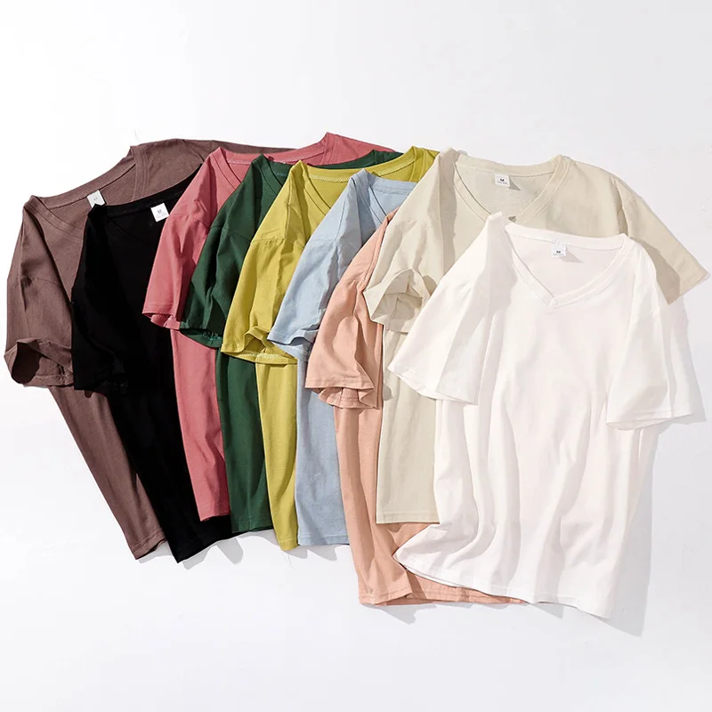 

V Neck Cotton T Shirts Women Summer Short Sleeve Solid Color White Black 9 Color Tee Shirt Femme 2019 Streetwear Poleras Mujer