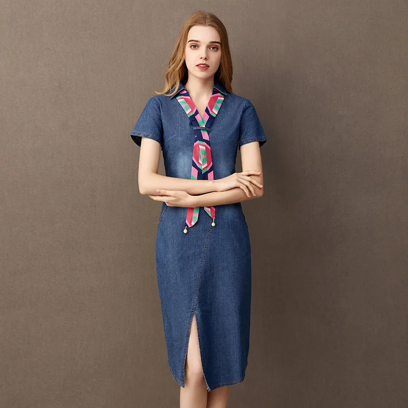 

BOoDinerinle Vintage Denim Dress Women Summer 2019 Cotton Casual V-neck Bow Women Denim Dresses Summer Women's Dress Jeans