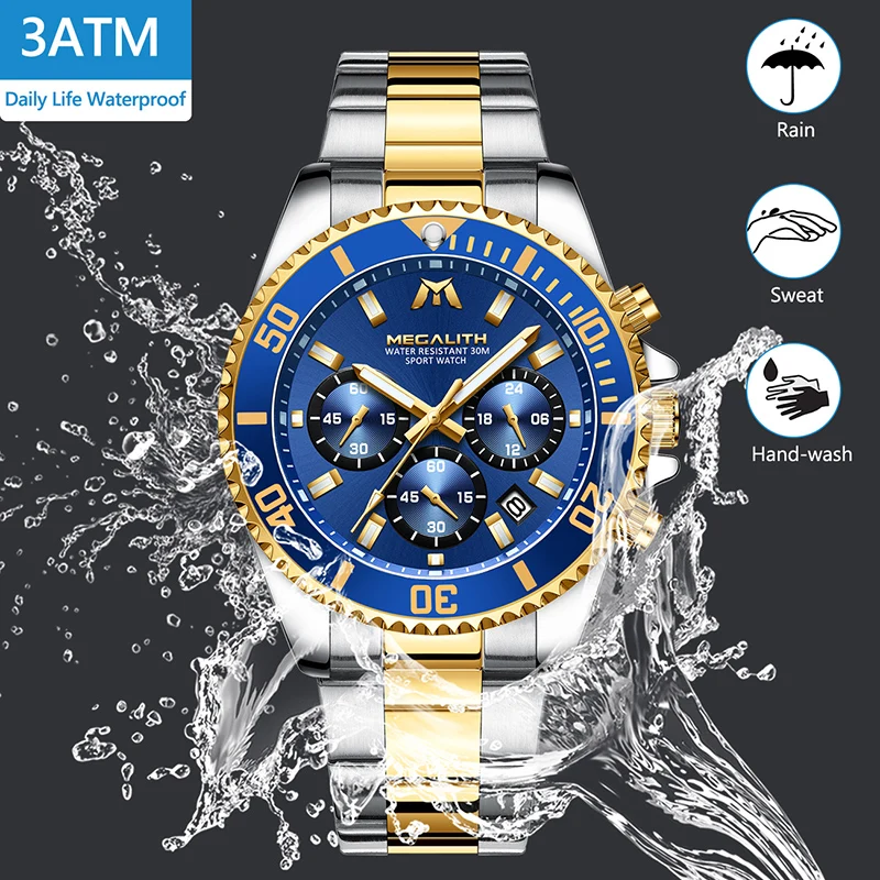 Megalith Luxury Men Watch Sport Waterproof Analog Hour Date Chronograph Quartz Watch Men Stainle-4