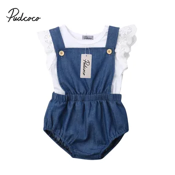 

pudcoco Cute Infant Baby Lace Sleeve babyBoy Girl White T-shirt Tops+Overalls Outfit Unisex Clothes Set cotton summer clothing