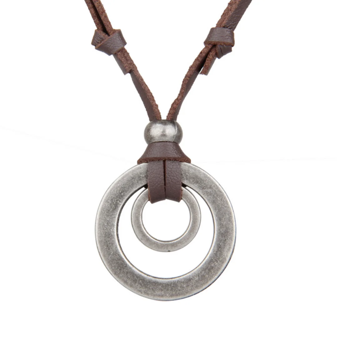 

Women Retro Circle Leather Chain Necklace Simple Vintage Men Alloy Round Long Choker Colar Shellhard Hip Hop Rock Unisex Jewelry