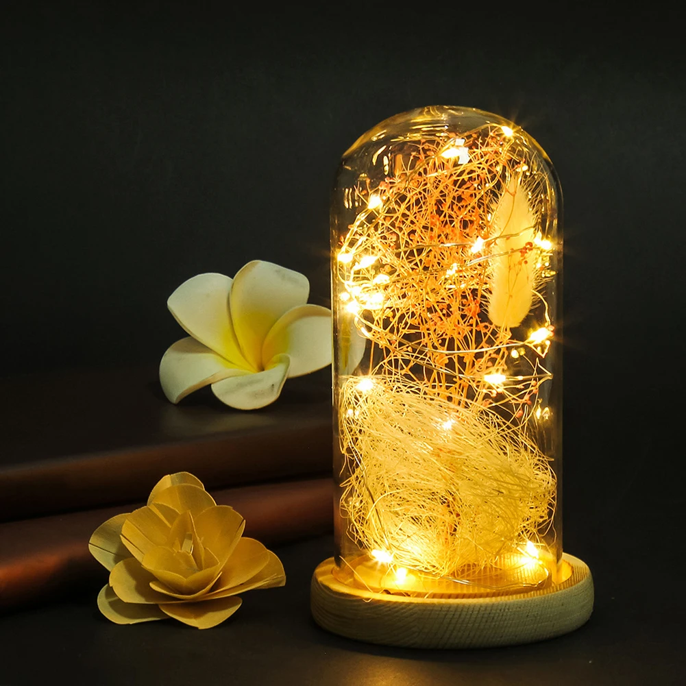 LED Night Light for Children Baby Bedroom LED Night Lamp Glass Cover Wooden Base Flower Decor
