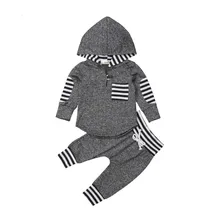 Осенне-зимние модные комплекты для маленьких мальчиков 2 предмета, пуловер с капюшоном полосатый лоскутный топ+ штаны, Одежда 0-3Y