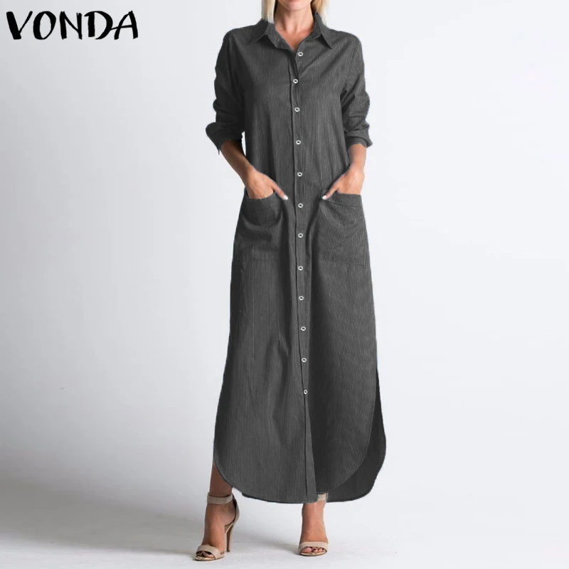 

VONDA Autumn Maxi Long Dress Women 2019 Casual Lapel Neck Long Sleeve Shirt Dress Sexy Buttons Split Striped Vestidos Plus Size