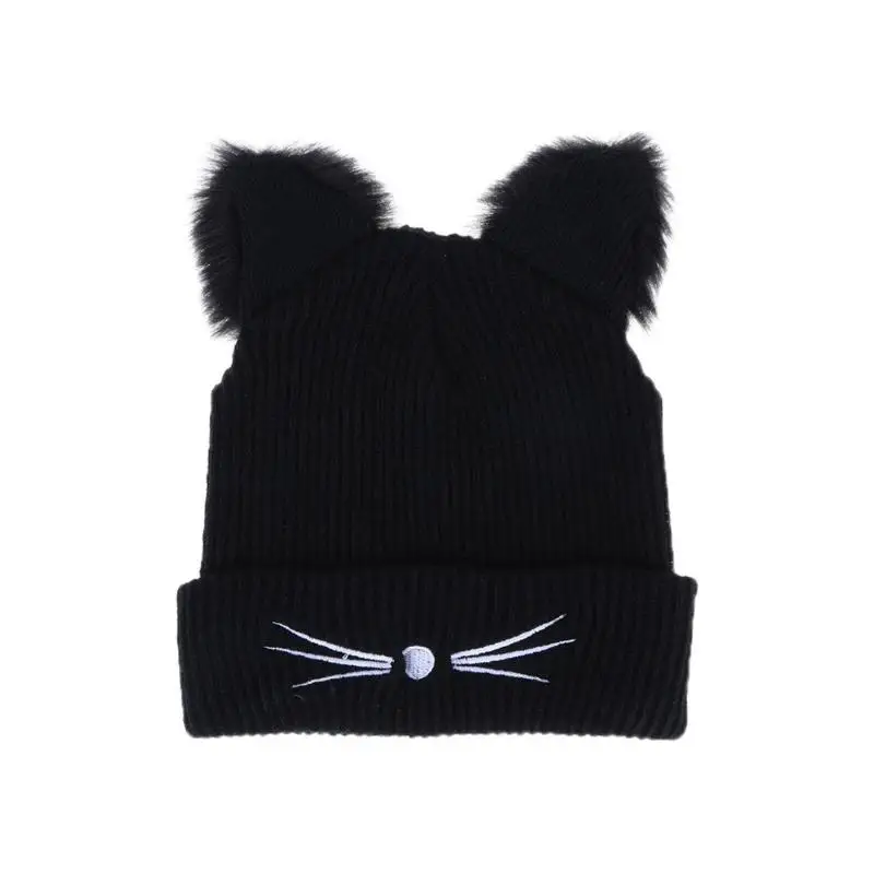

Winter Cute Cat Ears Warm Knitted Hat Women Hat Skullies Hats Pompom Caps Female Bonnet Femme Woolen Braided Fur Hat
