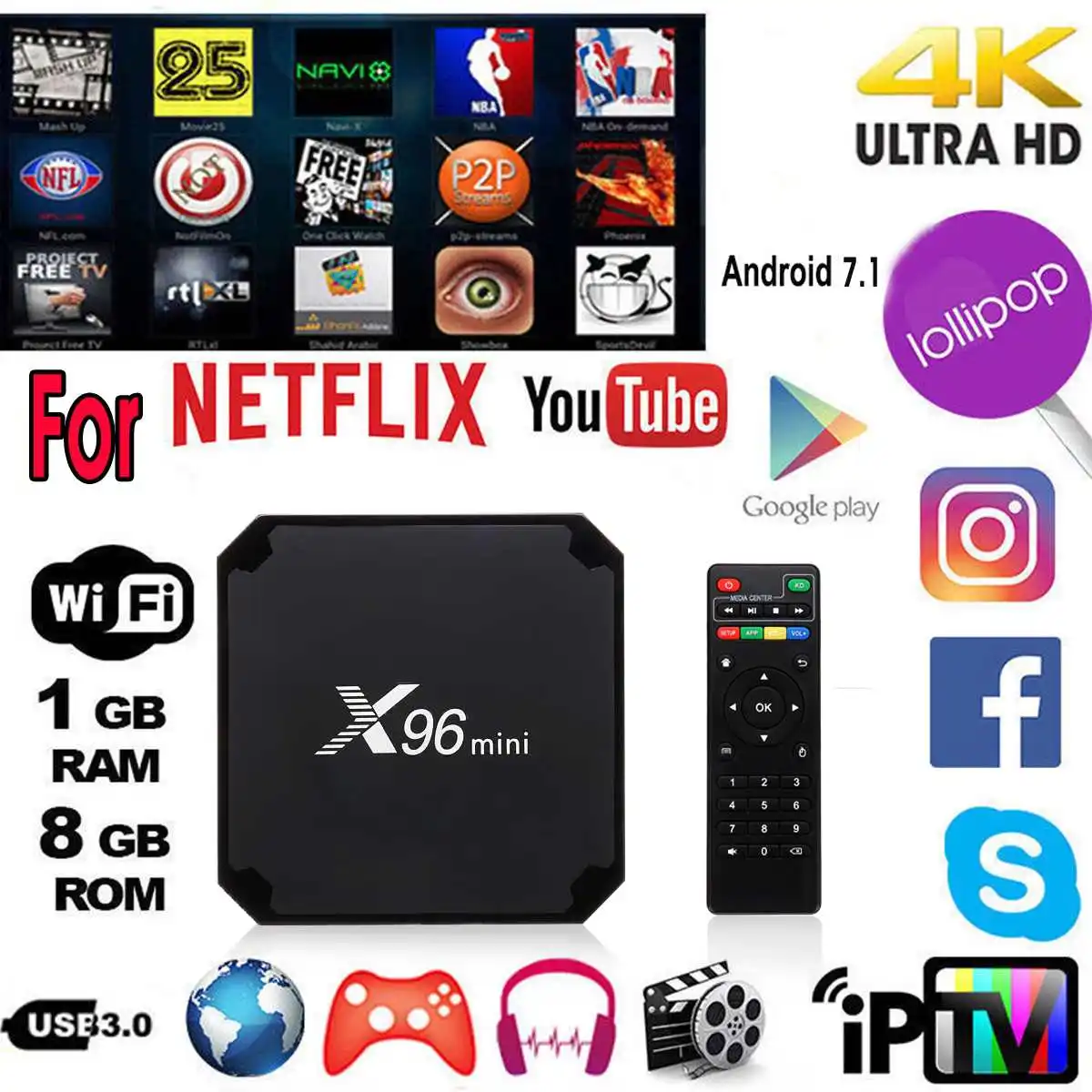 

Mini Smart TV Box X96 Android 7.1 TV BOX 1+8G Wifi Amlogic S905W Quad Core Support 2.4G Wireless WIFI