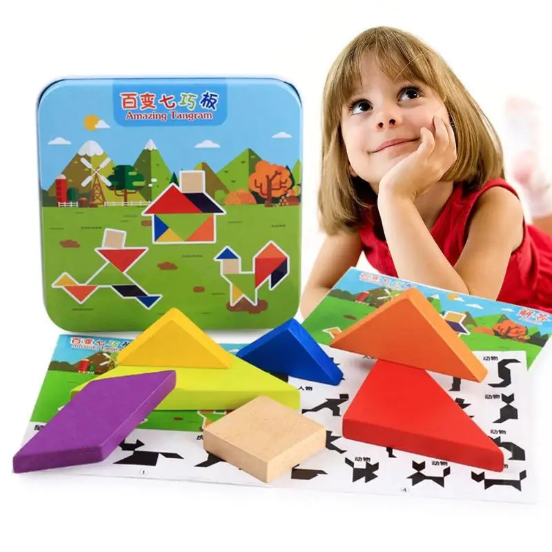 

Kids Wood Tangram Tetris Game Early Development Educational Toy Jigsaw Puzzle Toys for Children Montessori Learning Gift