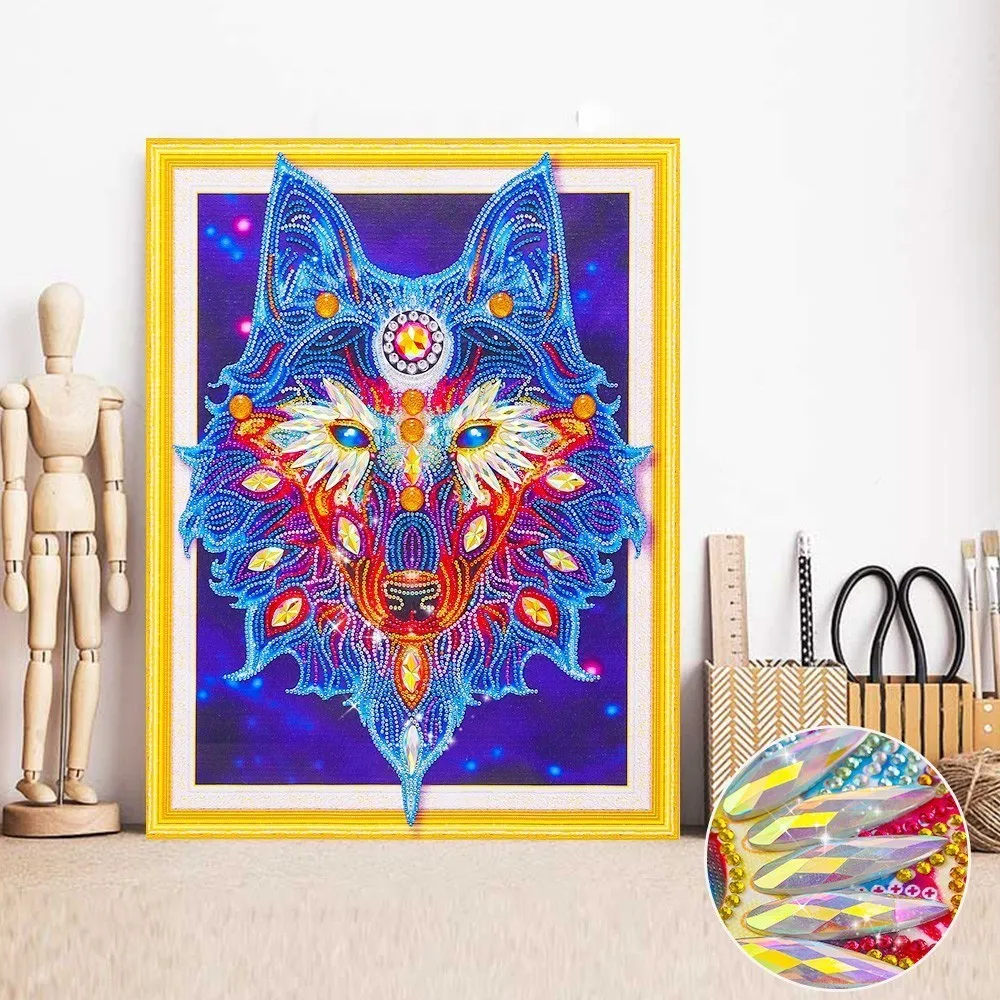 

Haucan Diamond Embroidery Special Shape Animal Diamond Painting Wolf Partial Round Cross Stitch Kits Rhinestones Mosaic 40x50