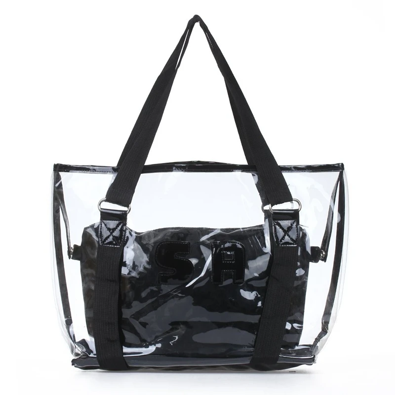 

Set 2PCS Women's Handbag Tote Shoulder Bag Transparent PVC Black Fashion
