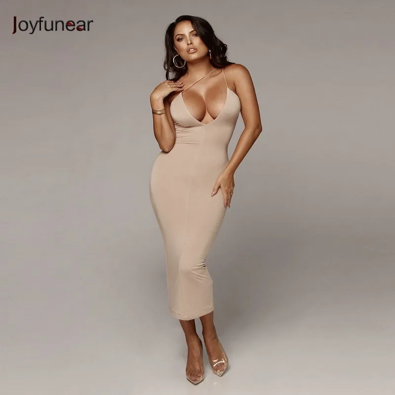 

Joyfunear Spaghetti Strap Backless Sexy Dress Women Summer 2019 V-neck Sleeveless Midi Dress Female Night Club Dress Vestidos