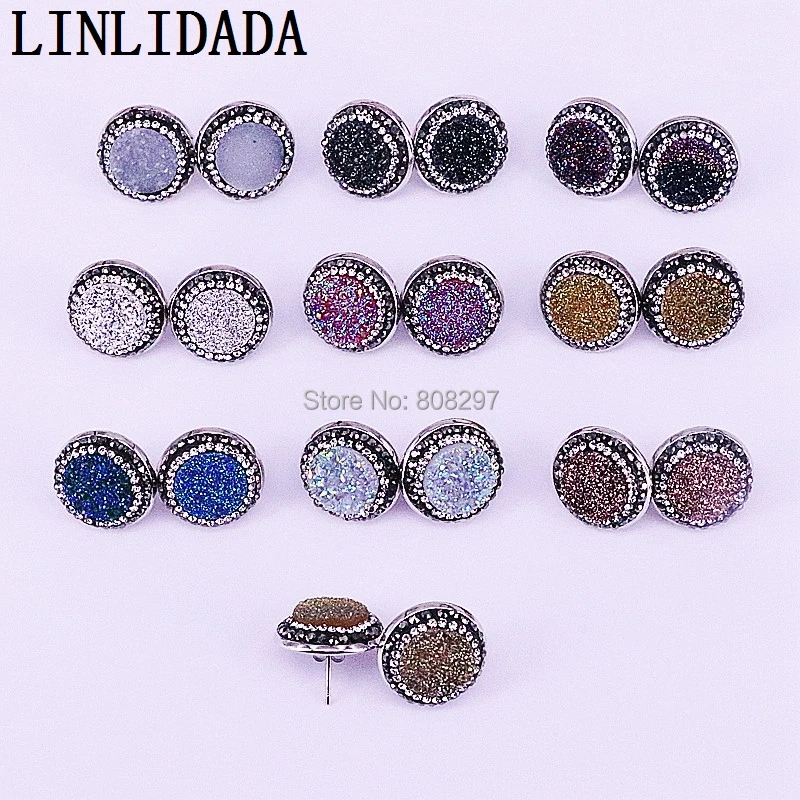 10 пар изделий 18 мм круглой формы titanium кварцевые друзовидный камень серьги, горный хрусталь Асфальтовая серьги-гвоздики ASOS