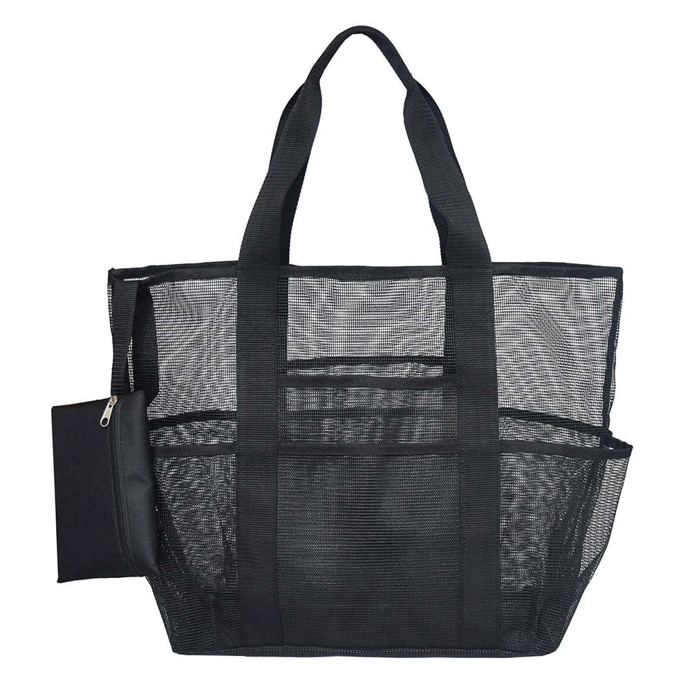 

Family Beach Bag Holiday Mesh Fabric Swimming Travel Outdoor Toy Storage Sports Gear Transparent Picnic Grocery Shoulder