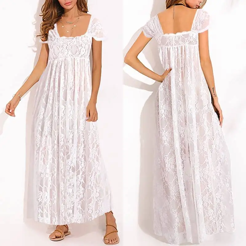 

Women's Lace Sundress ZANZEA 2019 Bohemian Sexy Transparent Maxi Dress Fashion Hollow Long Vestisdos Female Plus Size Robe Femme