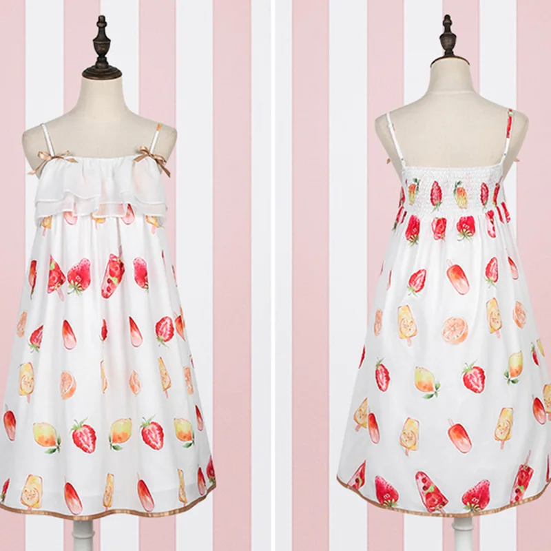 

Sweet Lolita Dresses Women Chiffon Summer Strawberry Print Spaghetti Strap Sleeveless Dress For Kawaii Girls