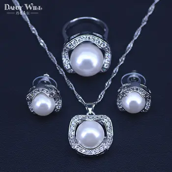 

Promotion Freshwater Pearl Bridal Jewelry Sets For Women Wedding Pendant Hoop Earrings Rings Necklace Set