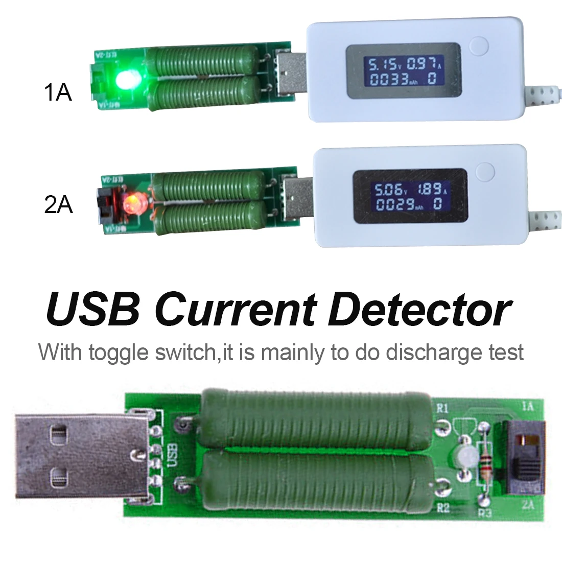 

USB Port Mini Discharge Load Resistor Digital Current Voltage Meter Tester 2A/1A With Switch 1A Green Led / 2A Red Led