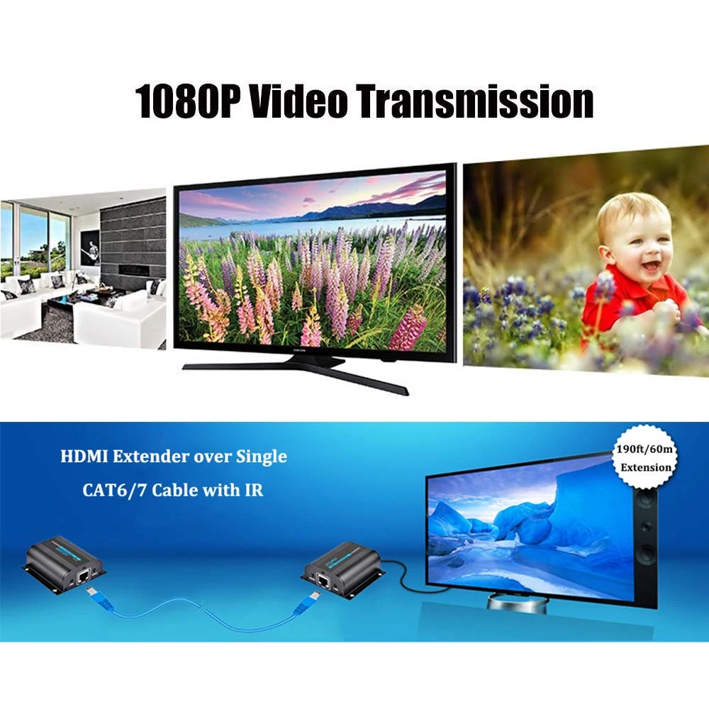 LKV372A 60m/190ft 1080P HD HDMI Сетевой удлинитель через один Cat6/6a/7 Ethernet кабель с ИК пультом