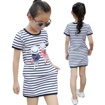 

2019 Summer Girl Dress Casual Striped Kids Clothes For Girls Cartoon Cotton Children Clothing Beach Costume 3 4 6 8 10 12 14 Yrs