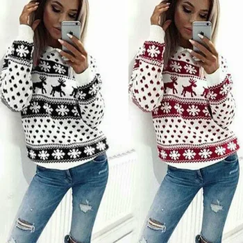 

2018 autumn and winter Christmas sweater female European and American long-sleeved head snowflake deer sweater
