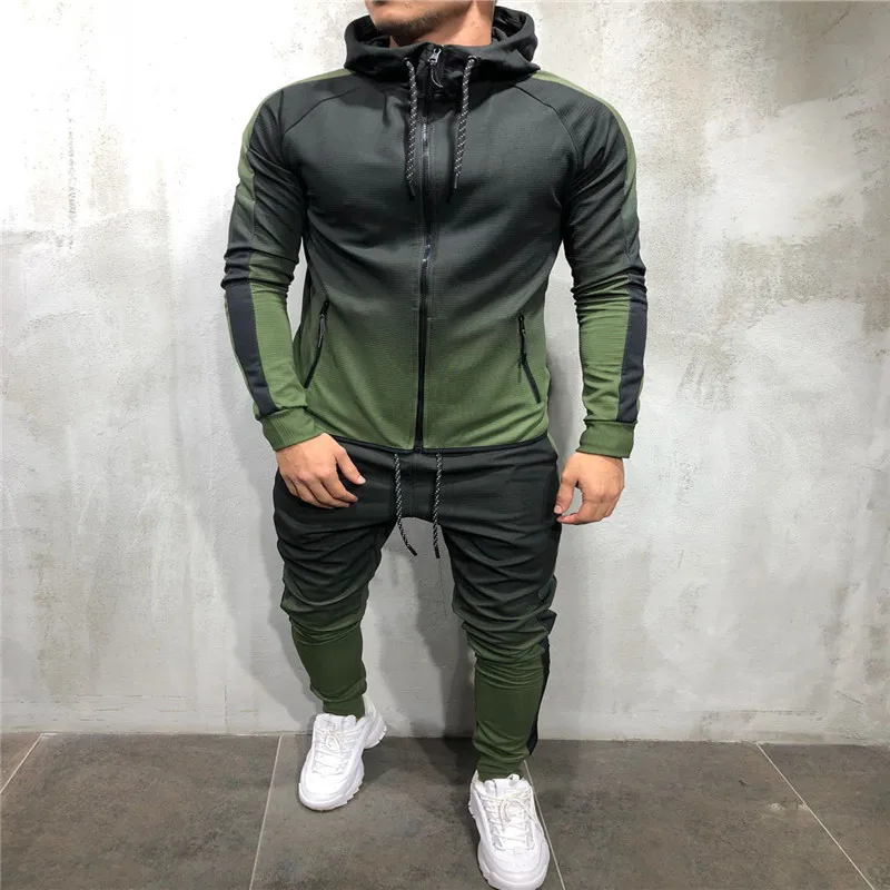 Fashion Men Gradients Tracksuit Clothing Sets Long Sleeve Hoodies + Color Blocking Sweatpants Sports Runing Gym Clothes Set