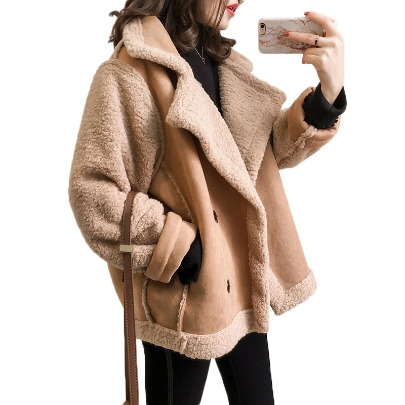 Замшевое пальто из овечьей шерсти, женская модная байкерская куртка из искусственного меха, Женская свободная Толстая зимняя куртка, Женское пальто