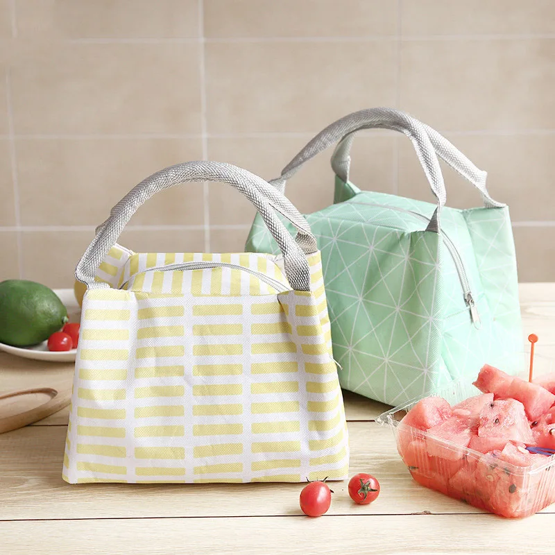 Japanese Style Leisure Women Portable Lunch Bag Canvas Stripe Insulated