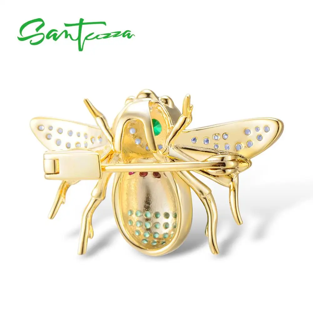 Skup SANTUZZA srebrna broszka dla kobiet autentyczne 100% 925 srebro złoty kolor piękny Bee broszka z owadem Trendy biżuteria