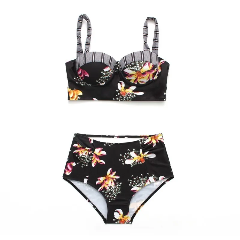 

Women High Waist Swimsuit Push Up Two Piece Swimwear Female Bandage Bathng Suit Print Floral Retro Bikini Set Sexy Swimming Wear