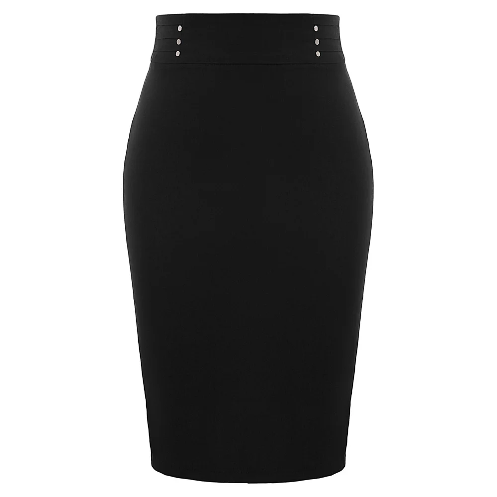 

Womens office work business Stretch skirts Flat Studs knee length back-split Hips-wrapped Bodycon Pencil high waist Skirt falda