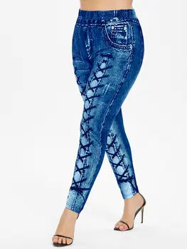 

Wipalo Women Plus Size 3D Printed Leggings High Elastic Waisted Workout Bandage Pocket Leggins Skinny Casual Female Jeans