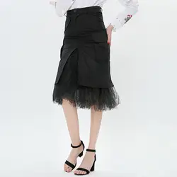Женская Весенняя летняя Сплит Mid Mesh A-Line юбка Сексуальная юбка-Ассиметричный, с высокой талией Женская Однотонная юбка