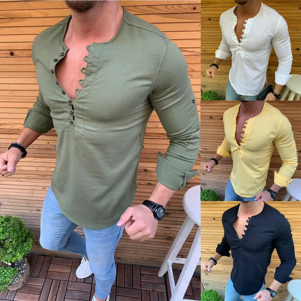 

New Fashion Mens Slim Fit Linen Tight Long Sleeve Casual Muscle Shirt Breathable Soft Tops Blous Size M-2XLe