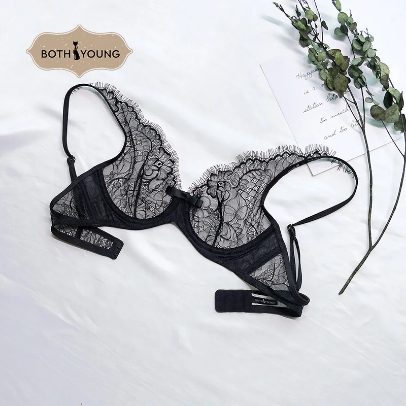 

BOTHYOUNG Thin Sexy Bralette Set Eyelash Lace Bra Set Thin Transparent Underwear Ladies Push Up Bra Black