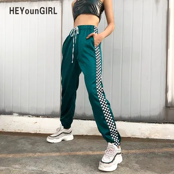 

Sexy Patchwork Checkerboard Ribbon Pants Womens Casual Loose Joggers Trousers High Waist Sweatpants Streetwear Harem Pants