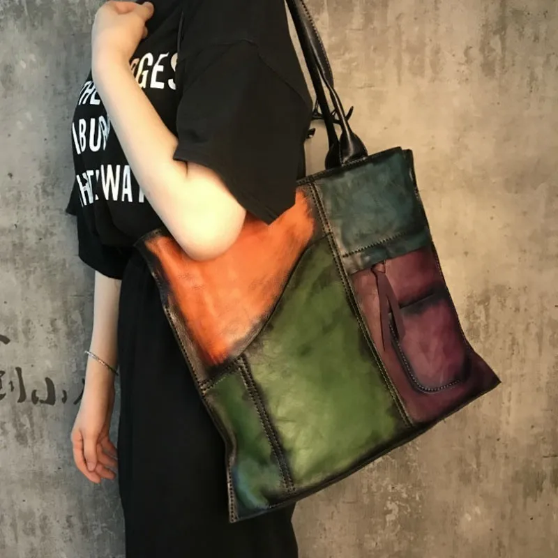 

New Product Wipe Color Tide Package Ways Hit Color Do Used Cowhide Joint Shoulder Soft Leather Woman Package Shopping Bag