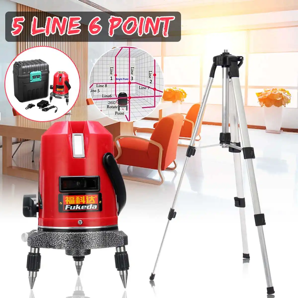

5 Lines 6 Points Laser Level Automatic Self Leveling 360 Vertical&Horizontal Tilt & Outdoor Mode can use w/ Receiver + 1M Tripod