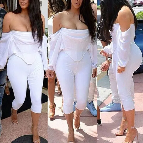 

Women Hot Fashion Strapless Bodycon Jumpsuit Solid Two Piece Sets Slash Neck Women Sexy Jumpsuit
