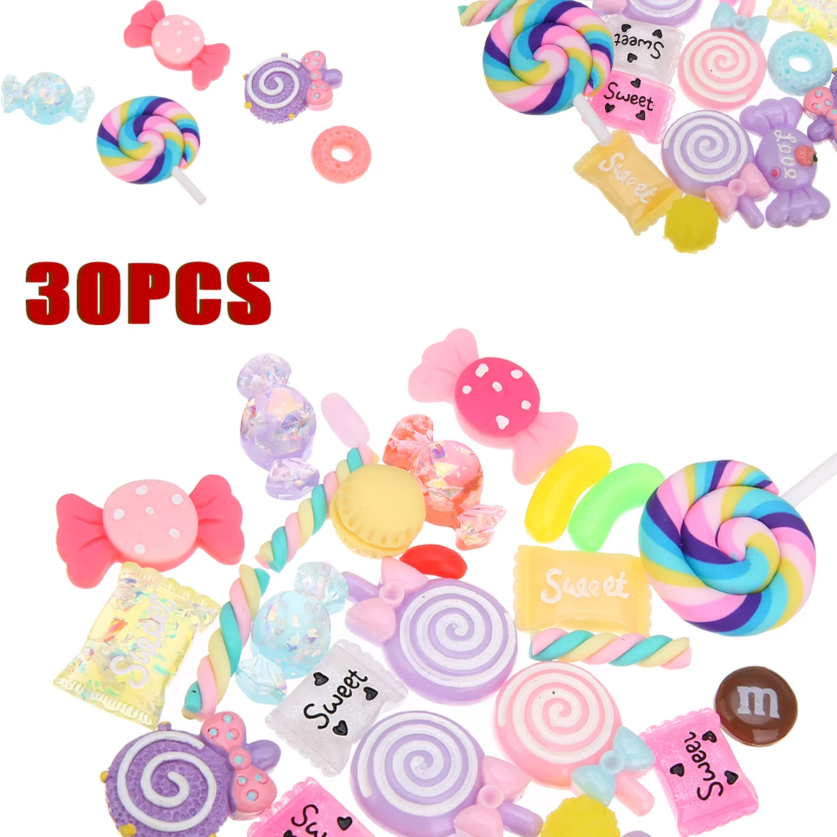 

30pcs/lot Candy Sweets Slime Beads Stuff Resin Flat Back Embellishments Slime Charms for Ornament Scrapbooking DIY Crafts