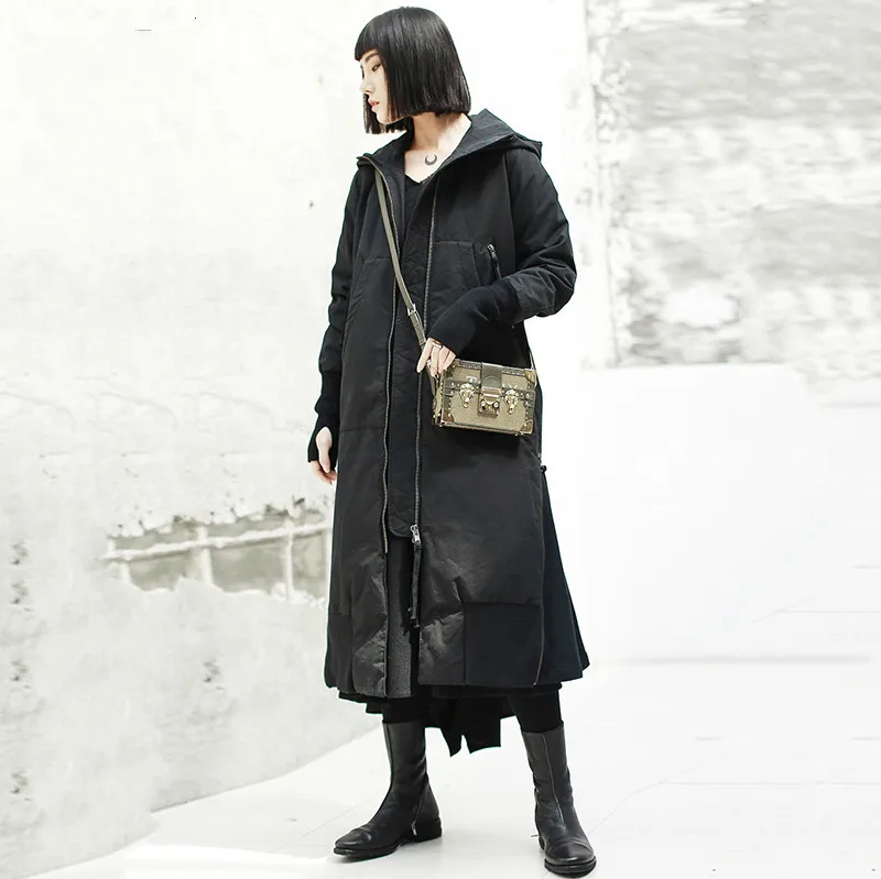 

[EWQ] 2019 New Autumn Winter Hooded Long Sleeve Black Loose Long Hem Vent Cotton-padded Coat Women Parkas Fashion Tide JK131