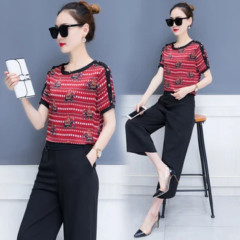 

women wide-legged pants suits 2019 summer new Korean fashion two-piece clothing set loose top sweatshirt trousers vestido