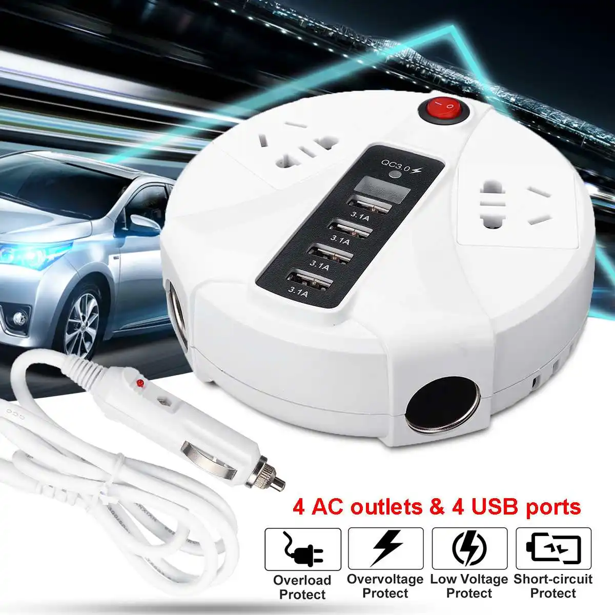 

Car Power Inverter 12/24V To AC 220V 4 USB Modified Sine Wave Converter Charger Multifunction Protection Built-in Cooling Fan